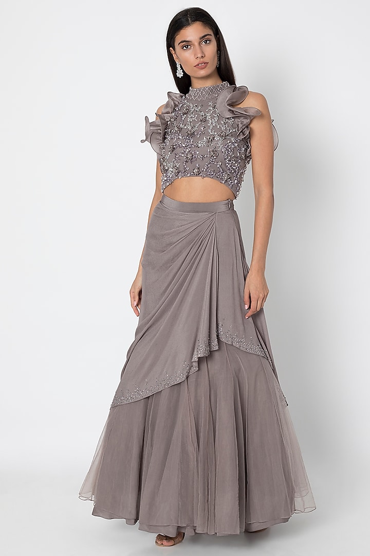 Taupe Grey Embroidered Blouse With Lehenga Skirt by Babita Malkani