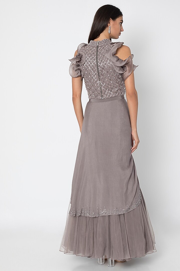 Taupe Grey Embroidered Blouse With Wedding Lehenga Skirt by Babita Malkani at Pernia's Pop Up Shop