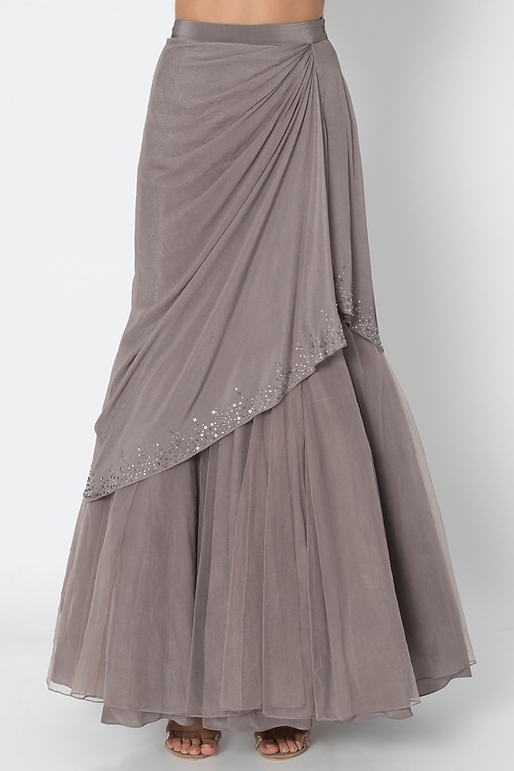 Taupe Grey Embroidered Blouse With Wedding Lehenga Skirt by Babita Malkani at Pernia's Pop Up Shop