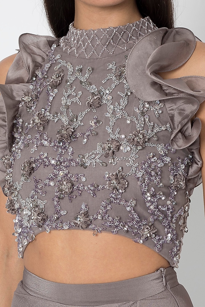 Taupe Grey Embroidered Blouse With Wedding Lehenga Skirt by Babita Malkani at Pernia's Pop Up Shop