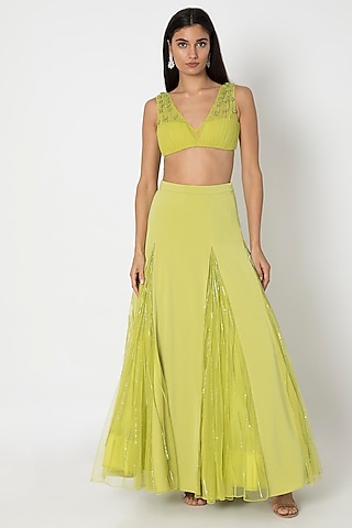 Chartreuse Green Lehenga Skirt With Embroidered Blouse by Babita Malkani