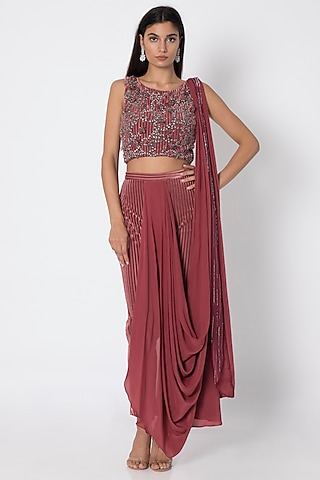 Cardinal Red Draped Saree With Embroidered Crop Top by Babita Malkani