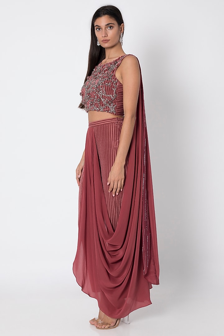 Cardinal Red Draped Wedding Saree With Embroidered Crop Top by Babita Malkani at Pernia's Pop Up Shop