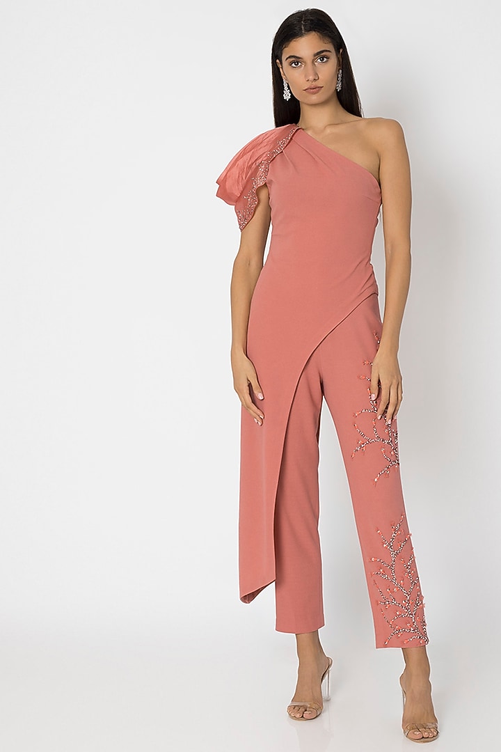 Rose Pink Embellished Pants With One Shoulder Top by Babita Malkani at Pernia's Pop Up Shop