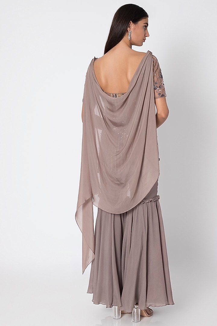 Taupe Grey Gharara Pants With Embellished Top & Cape by Babita Malkani at Pernia's Pop Up Shop