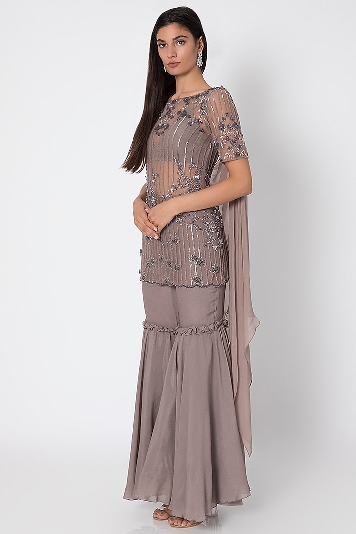Taupe Grey Gharara Pants With Embellished Top & Cape by Babita Malkani at Pernia's Pop Up Shop