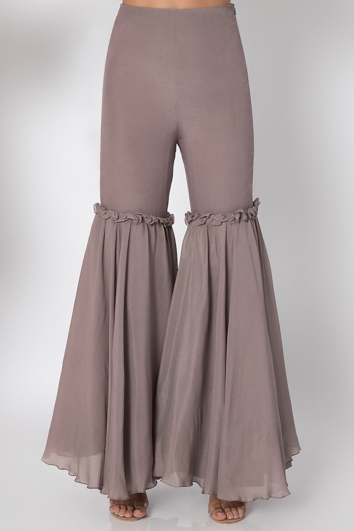 Taupe Grey Gharara Pants With Embellished Top & Cape by Babita Malkani at Pernia's Pop Up Shop