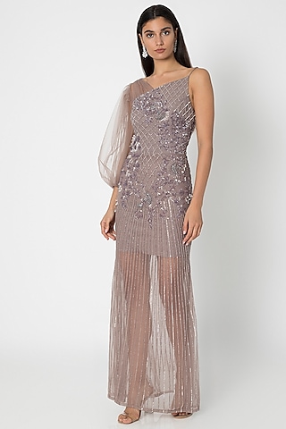 Taupe Grey Embroidered One-Shoulder Gown by Babita Malkani