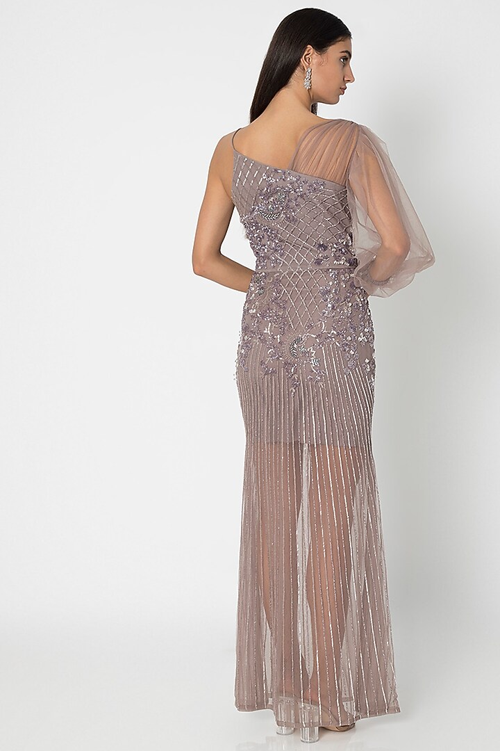Taupe Grey Embroidered One-Shoulder Gown by Babita Malkani at Pernia's Pop Up Shop