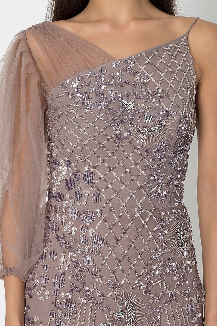 Taupe Grey Embroidered One-Shoulder Gown by Babita Malkani at Pernia's Pop Up Shop
