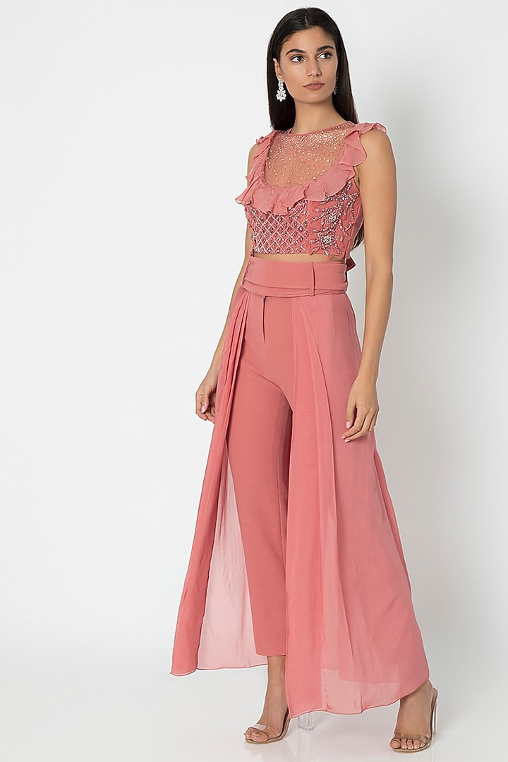 Rose Pink Embroidered Crop Top With Pants by Babita Malkani