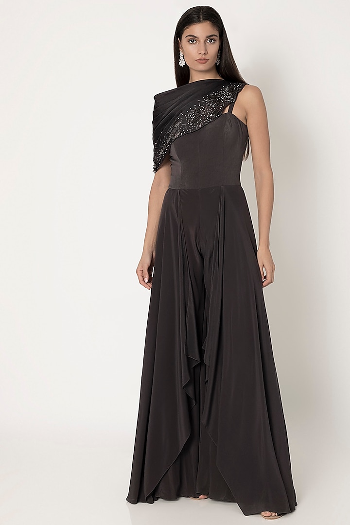 Sable Black Jumpsuit With Pleated Cape Design by Babita Malkani at ...