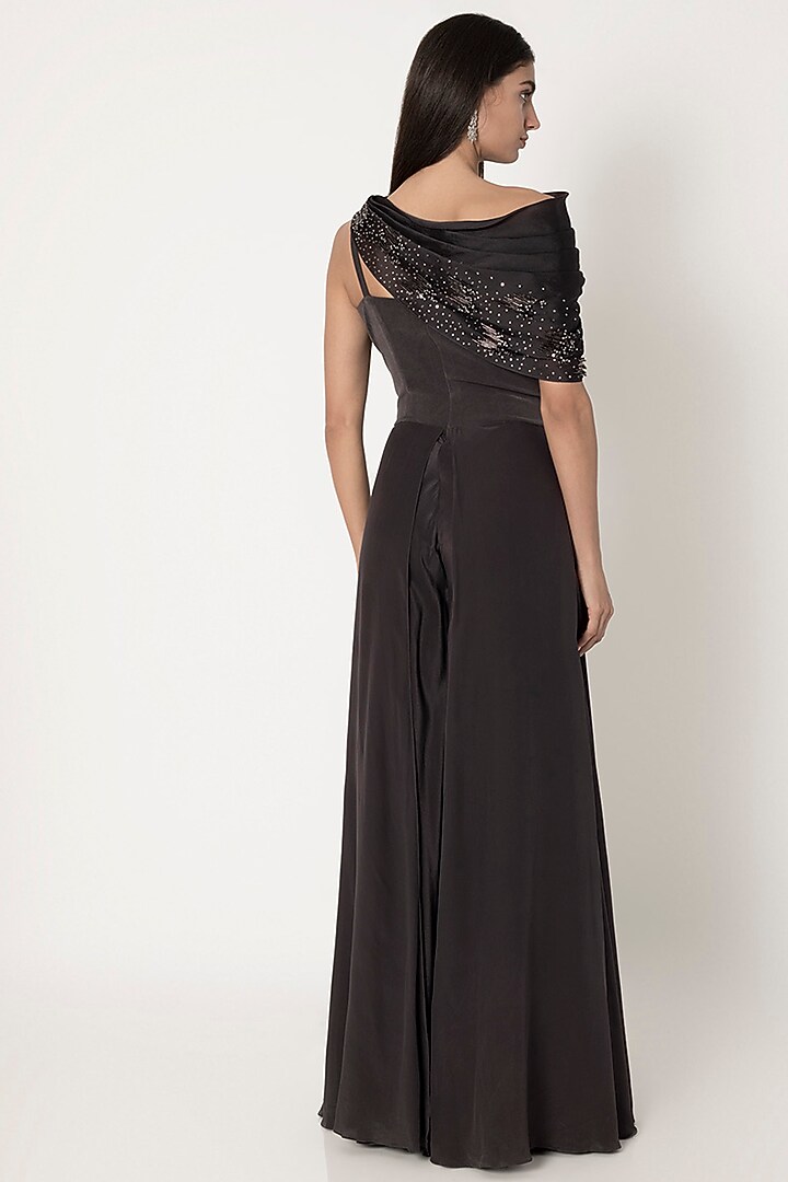 Sable Black Jumpsuit With Pleated Cape by Babita Malkani at Pernia's Pop Up Shop