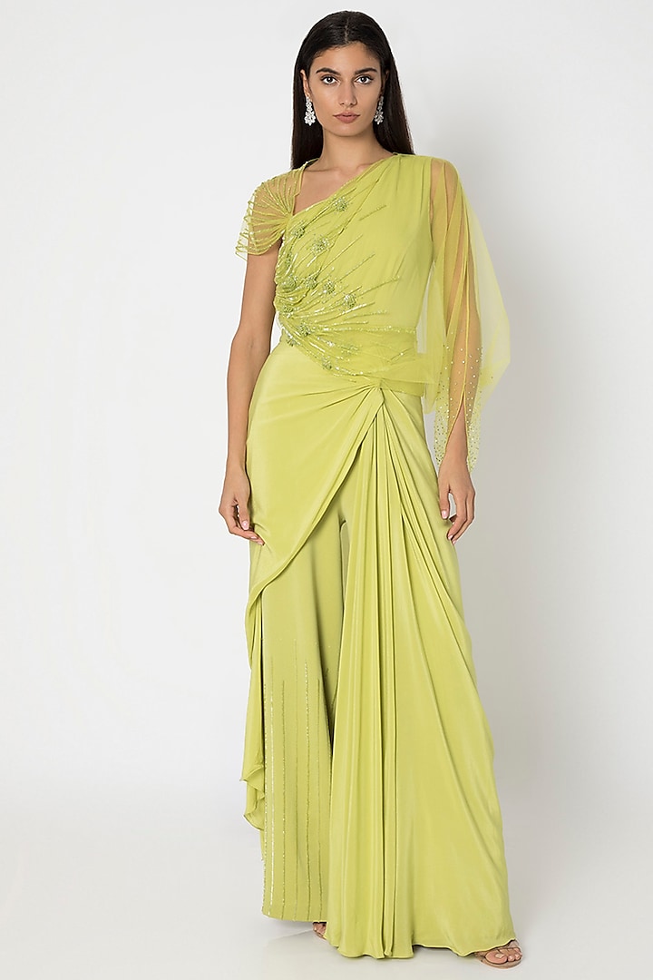Chartreuse Green Jumpsuit With Cape by Babita Malkani