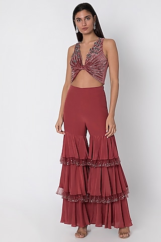 Cardinal Red Crop Top With Layered Flared Pants by Babita Malkani
