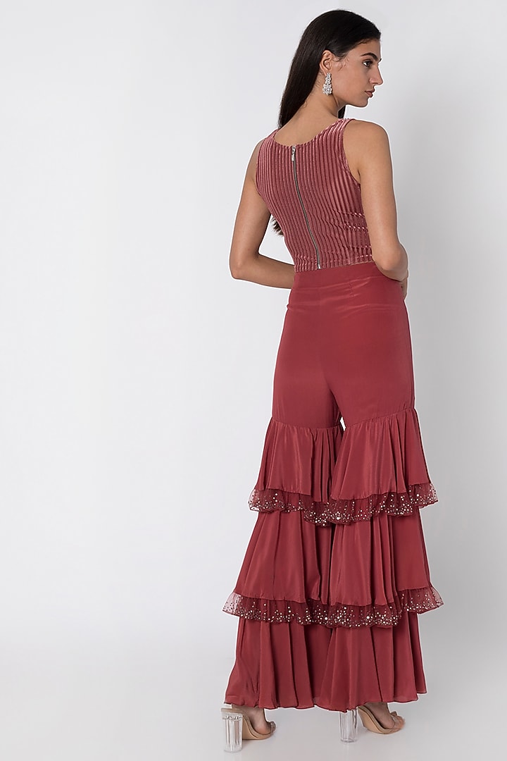 Cardinal Red Crop Top With Layered Flared Pants by Babita Malkani at Pernia's Pop Up Shop