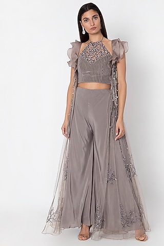 Grey Crop Top With Flared Pants & Cape by Babita Malkani