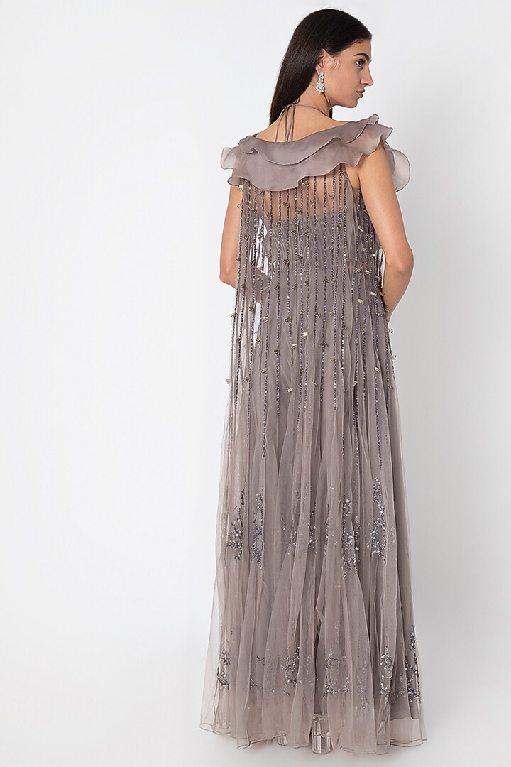 Grey Crop Top With Flared Pants & Cape by Babita Malkani at Pernia's Pop Up Shop