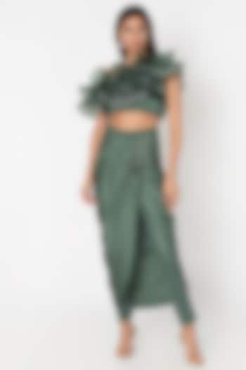 Seaweed Green One Shoulder Ruffled Blouse With Embroidered Draped Pants by Babita Malkani