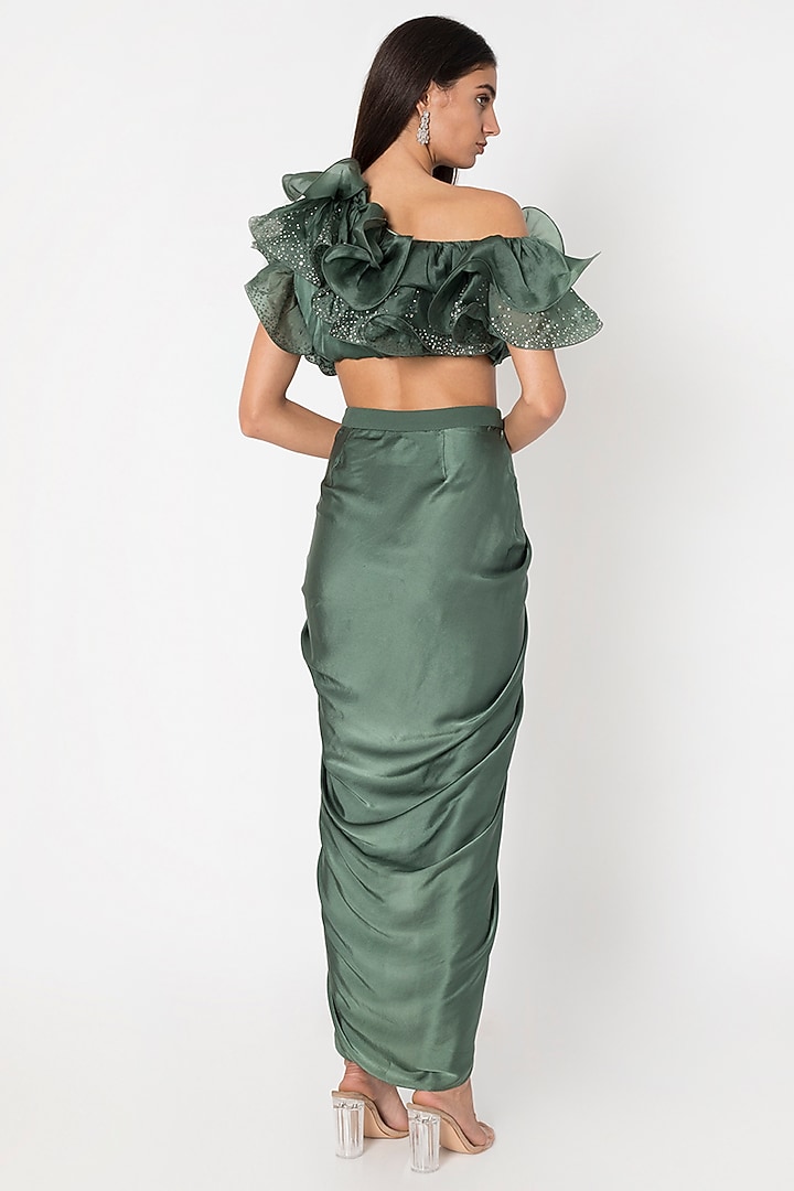 Seaweed Green One Shoulder Ruffled Blouse With Embroidered Draped Pants by Babita Malkani at Pernia's Pop Up Shop