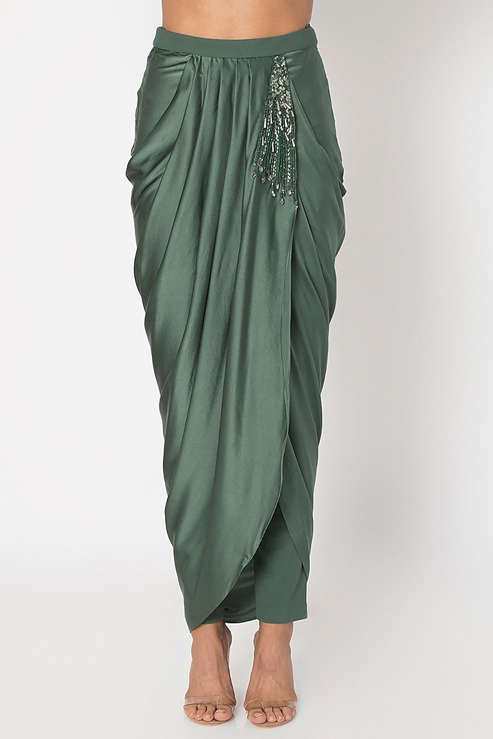 Seaweed Green One Shoulder Ruffled Blouse With Embroidered Draped Pants by Babita Malkani at Pernia's Pop Up Shop