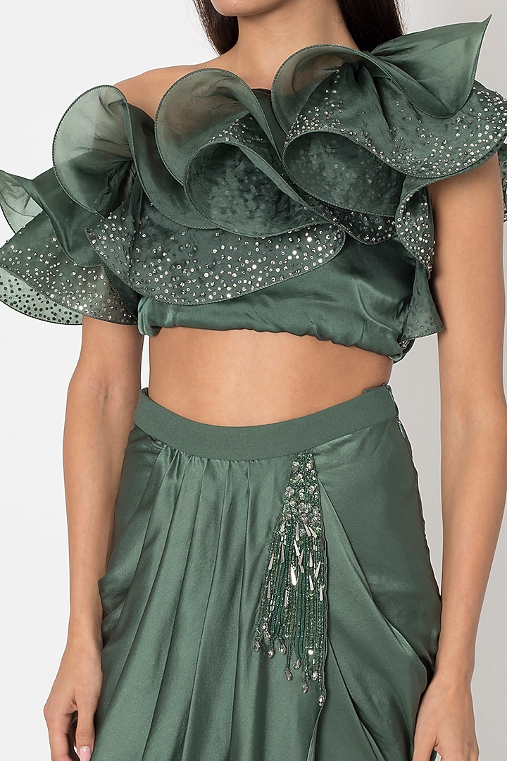 Seaweed Green One Shoulder Ruffled Blouse With Embroidered Draped Pants by Babita Malkani at Pernia's Pop Up Shop