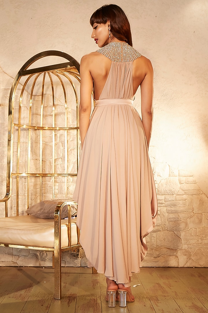 Taupe Pure Satin & Georgette Embellished Maxi Cocktail Dress by Babita Malkani at Pernia's Pop Up Shop