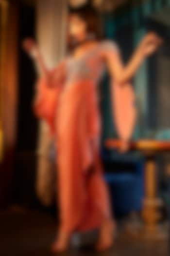 Nectarine Peach Pure Crepe Pearl Embroidered Draped Party Wear Dress by Babita Malkani at Pernia's Pop Up Shop