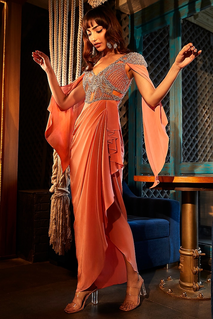 Nectarine Peach Pure Crepe Pearl Embroidered Draped Party Wear Dress by Babita Malkani at Pernia's Pop Up Shop