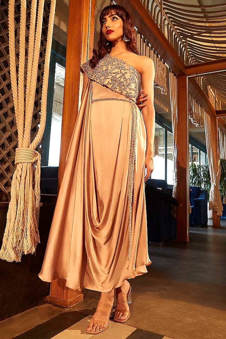 Golden Pure Satin Pearl Embroidered One-Shoulder Draped Dress by Babita Malkani at Pernia's Pop Up Shop