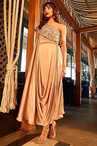 Golden Pure Satin Pearl Embroidered One-Shoulder Draped Dress by Babita Malkani
