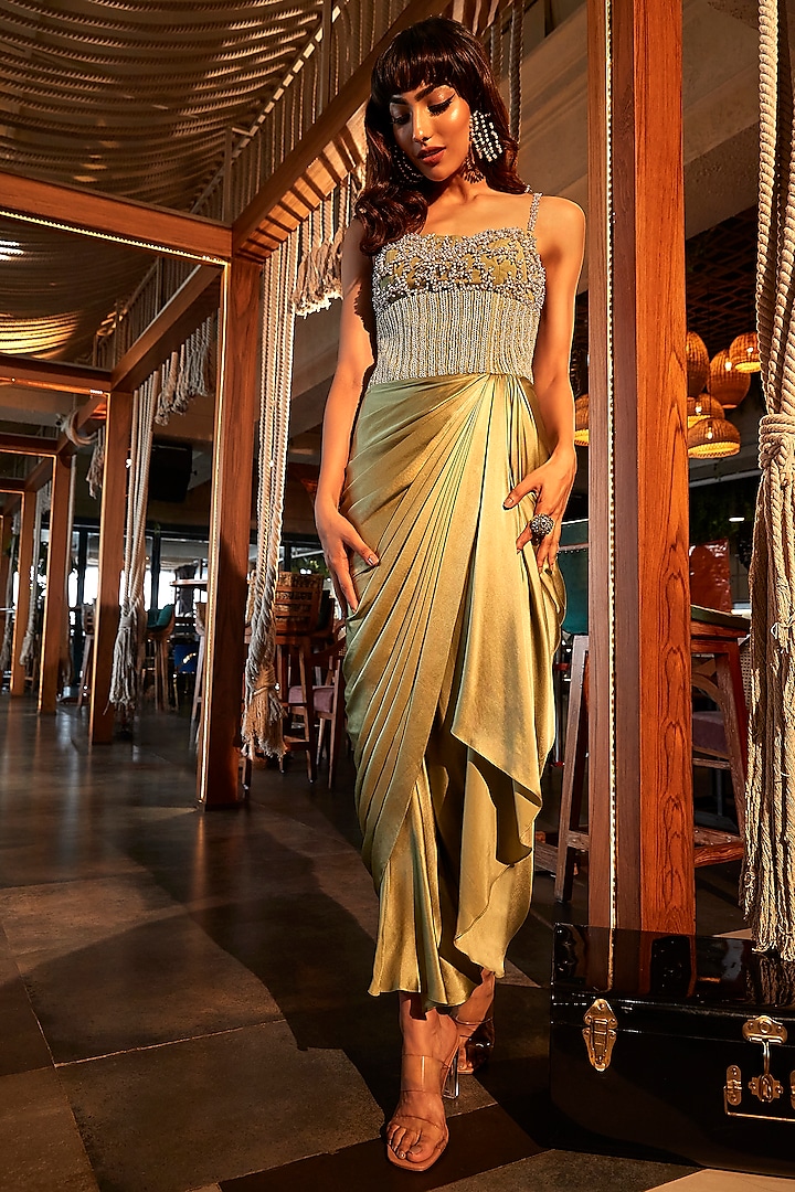Sage Green Pure Satin Pearl Embroidered Draped Corset Dress by Babita Malkani