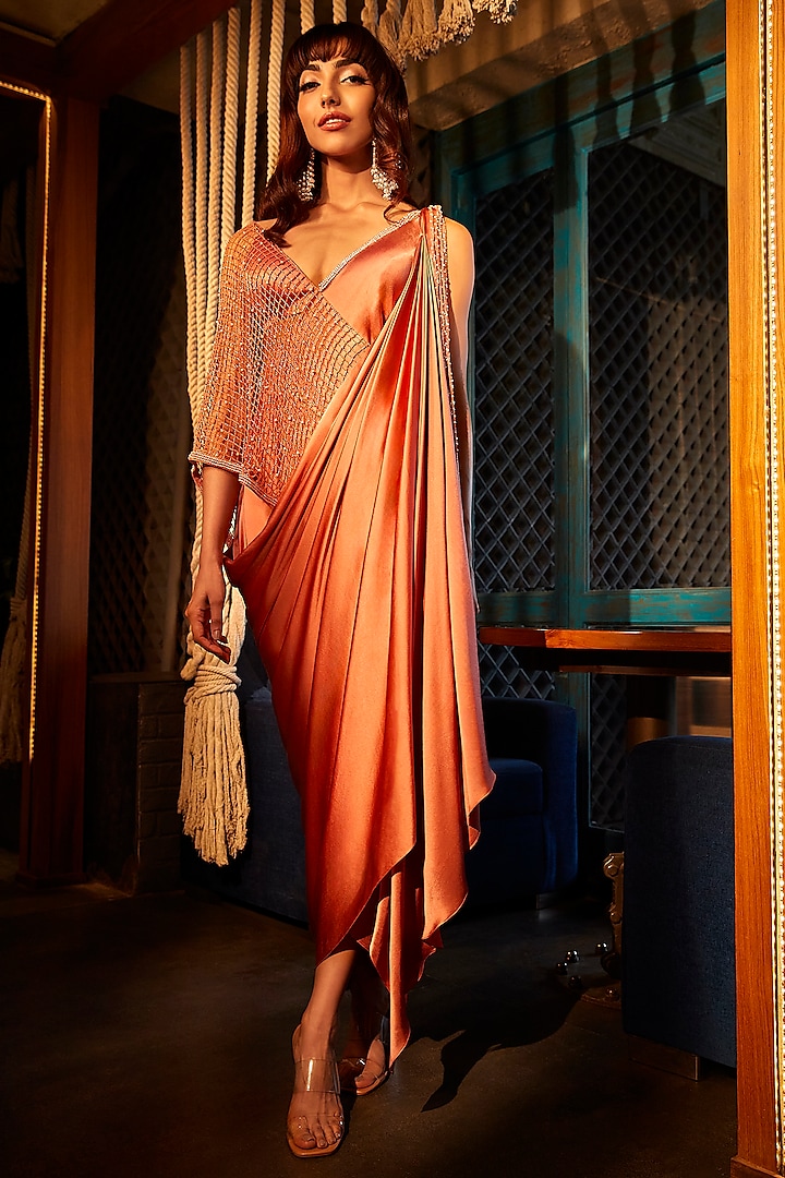 Nectarine Peach Pure Satin Embroidered Draped Dress Saree Set by Babita Malkani at Pernia's Pop Up Shop