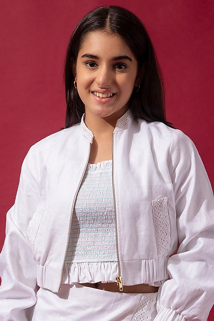 Mauve Linen Bomber Jacket Set For Girls by Be True Kids at Pernia's Pop Up Shop