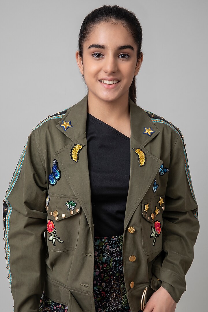 Green Military Jacket Set For Girls by Be True Kids at Pernia's Pop Up Shop