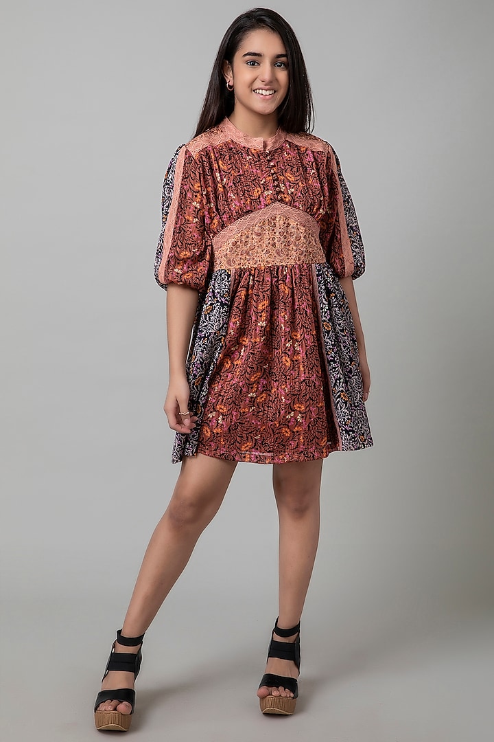 Brown Printed Paneled Dress For Girls by Be True Kids