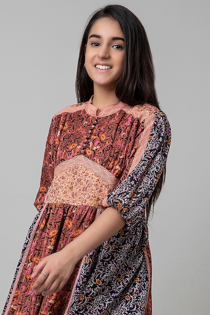 Brown Printed Paneled Dress For Girls by Be True Kids at Pernia's Pop Up Shop