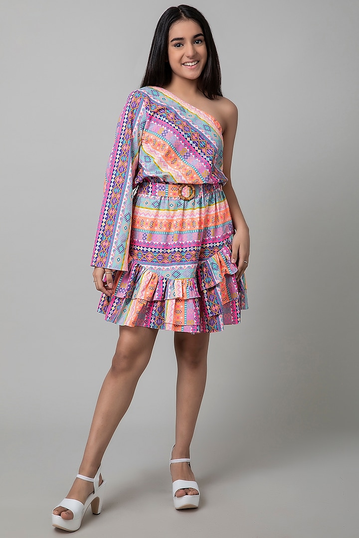 Multi Colored Off Shoulder Dress For Girls by Be True Kids
