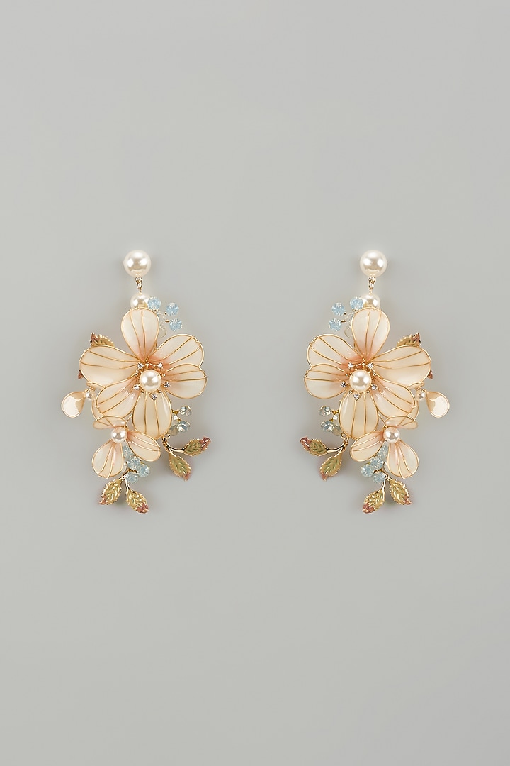 Gold Finish White Enameled Handcrafted Floral Dangler Earrings by THE BEAUTIFUL SECRET at Pernia's Pop Up Shop