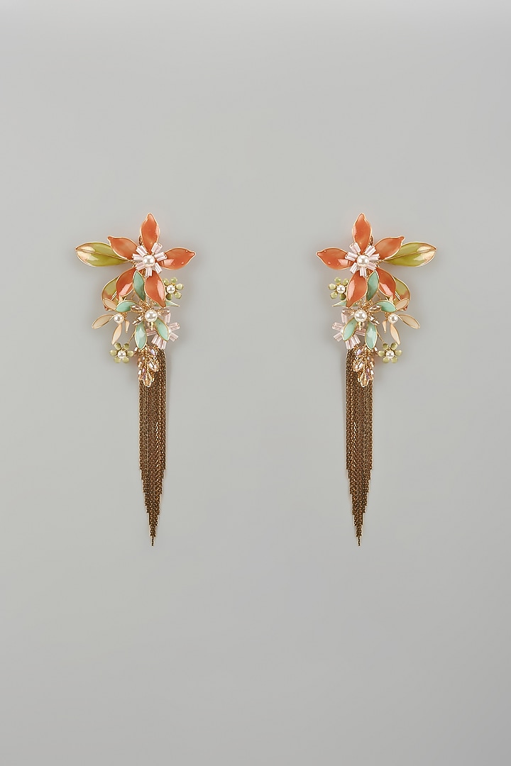 Gold Finish Orange Enameled Handcrafted Floral Dangler Earrings by THE BEAUTIFUL SECRET at Pernia's Pop Up Shop