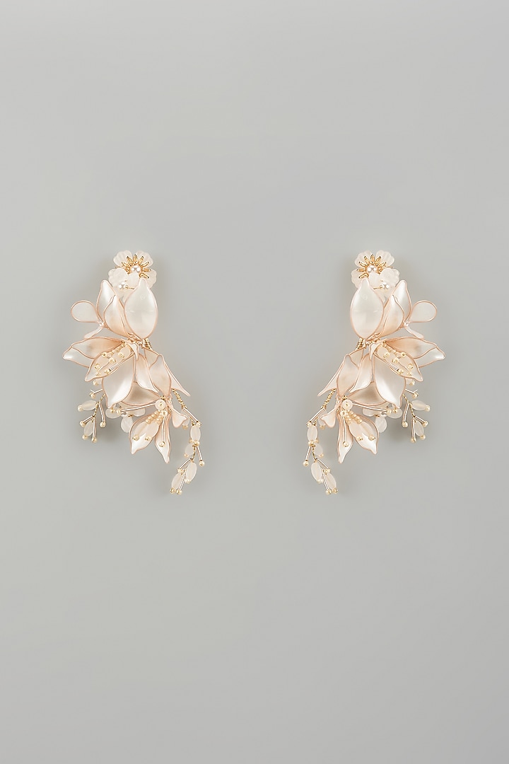 Gold Finish White Enameled Handcrafted Floral Dangler Earrings by THE BEAUTIFUL SECRET at Pernia's Pop Up Shop