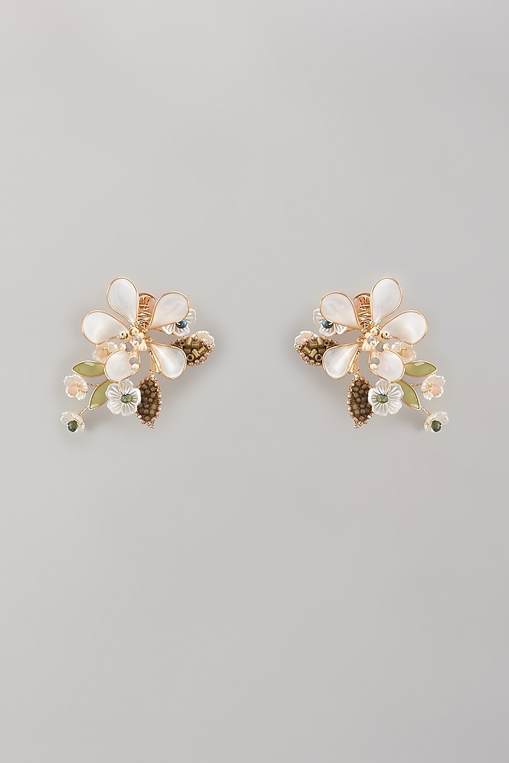 Gold Finish White Enameled Handcrafted Floral Stud Earrings by THE BEAUTIFUL SECRET at Pernia's Pop Up Shop