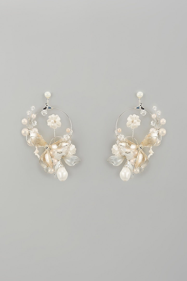 White Finish Pearl Enameled Handcrafted Floral Hoop Earrings by THE BEAUTIFUL SECRET at Pernia's Pop Up Shop