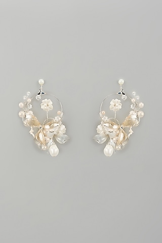 White Finish Pearl Enameled Handcrafted Floral Hoop Earrings by THE BEAUTIFUL SECRET