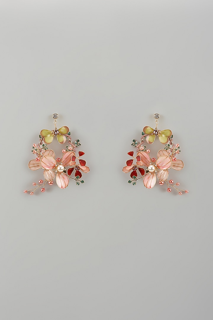 Gold Finish Pink Enameled Handcrafted Floral Hoop Earrings by THE BEAUTIFUL SECRET at Pernia's Pop Up Shop
