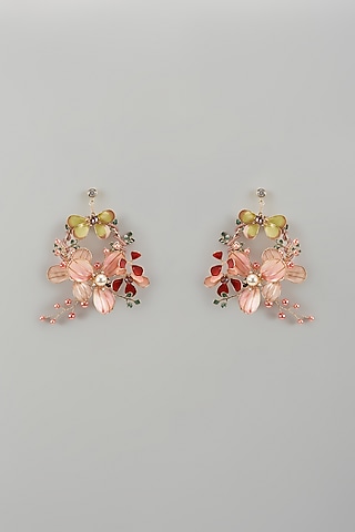Gold Finish Pink Enameled Handcrafted Floral Hoop Earrings by THE BEAUTIFUL SECRET
