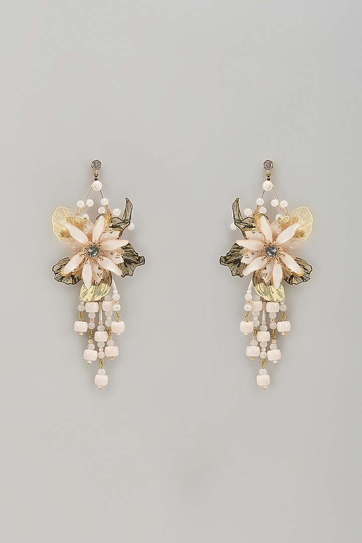 Gold Finish White Stone & Pearl Dangler Earrings by THE BEAUTIFUL SECRET at Pernia's Pop Up Shop