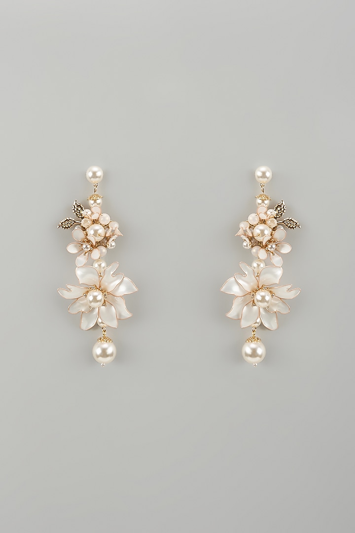 Gold Finish White Enameled Handcrafted Floral Dangler Earrings by THE BEAUTIFUL SECRET at Pernia's Pop Up Shop
