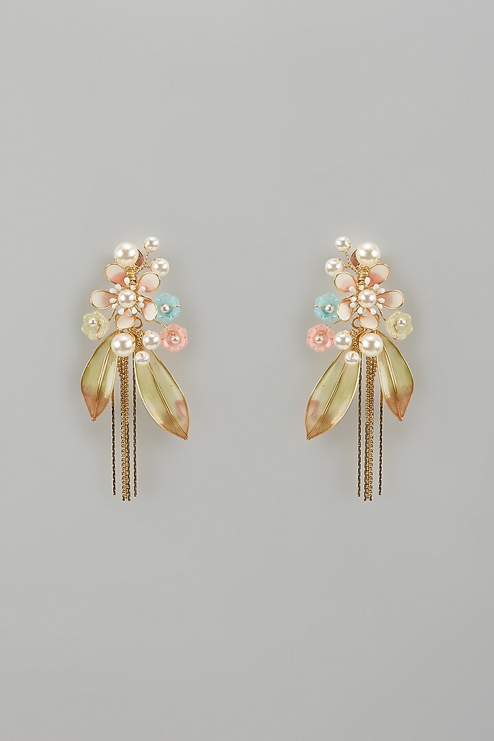 Gold Finish White Enameled Handcrafted Floral Dangler Earrings by THE BEAUTIFUL SECRET at Pernia's Pop Up Shop