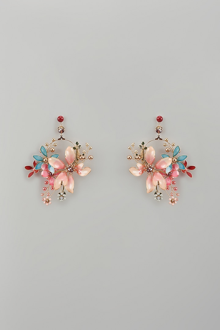 Gold Finish Pink Enameled Handcrafted Floral Hoop Earrings by THE BEAUTIFUL SECRET at Pernia's Pop Up Shop